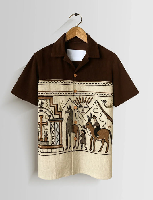 Brown Egyption Pattern Mens Half Sleeves Shirts - XPST