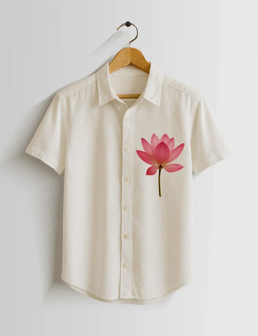 Cream Lotus Printed Mens Half Sleeves Shirts - XPST